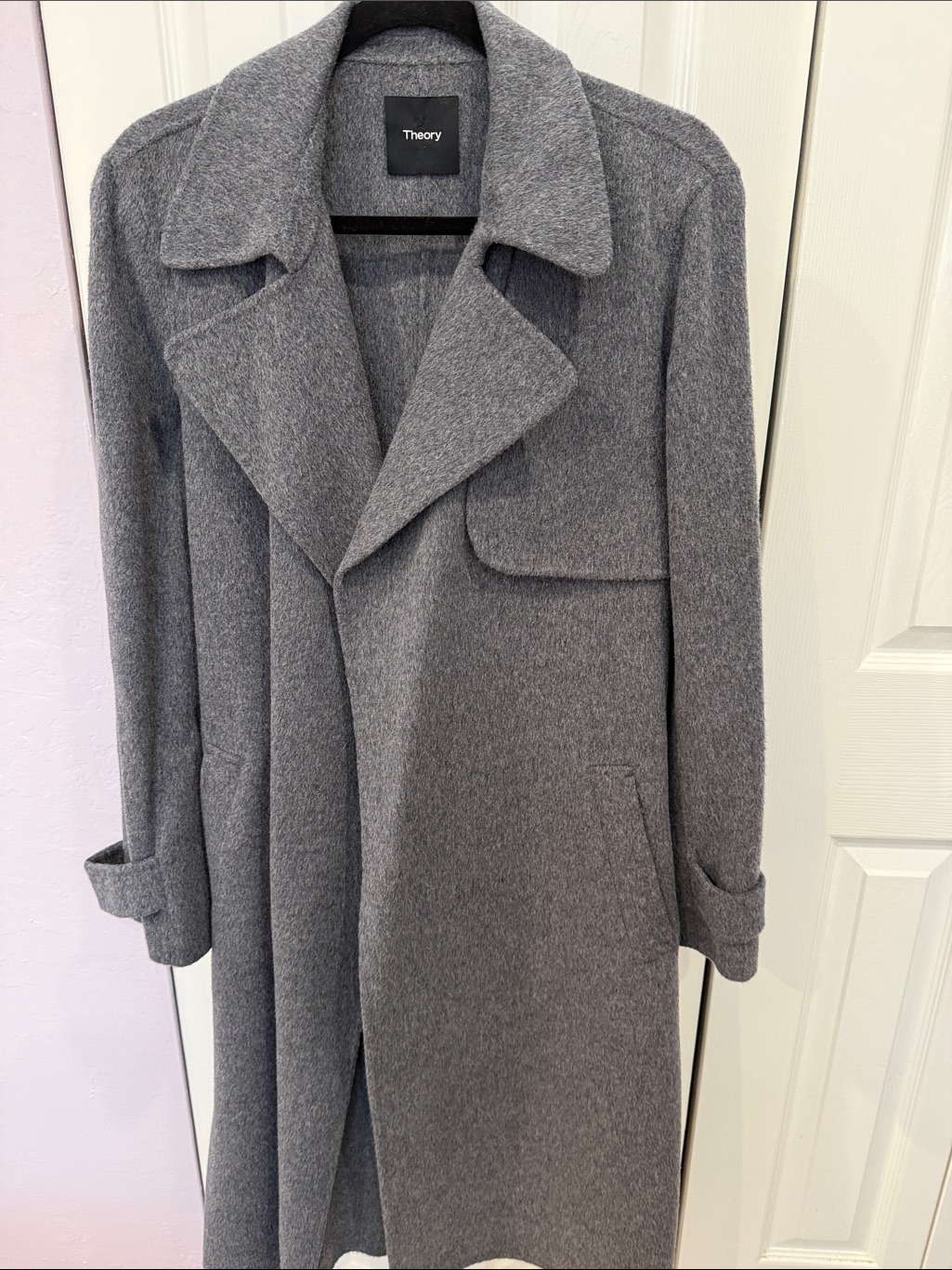 Theory Gray Wool-Blend Long Trench Coat